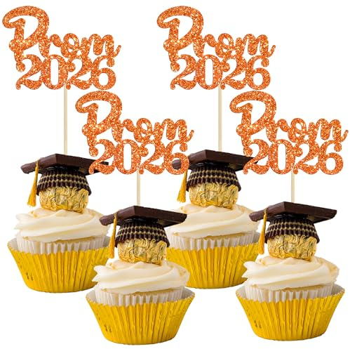 Gyufise 24Pcs Prom 2026 Cupcake Toppers Prom Decorations 2026 Graduation Cupcake Picks Class of 2026 Cake Decorations for 2026 College Graduation Prom Party Decorations Orange