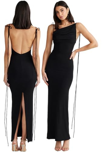 Hanaoops Lång festklänning för kvinnor, sexig, rygglös bodycon-klänning, spaghettiklänning, slits, sommar, maxi, ärmlös, elegant, smal cocktailklänning, klubbklänning, svart, M