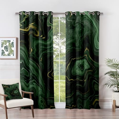 Marble Effect Curtains - Emerald Green & Gold Abstract Blackout Curtains, 46 x 54 Inch (W x D) 2 Panels, Modern Luxury Eyelet Drapes