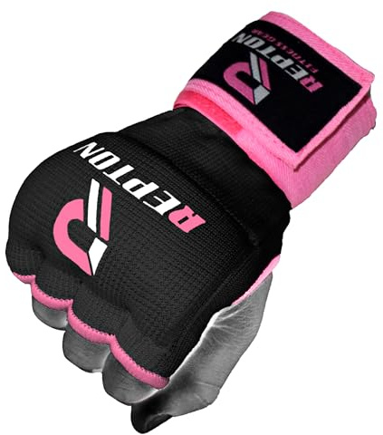 Gel Boxing Inner Gloves with 100cm Quick Wrist Wraps Elasticated Padded Hand Wraps for MMA Muay Thai Kickboxing & Martial Arts Fist Knuckle Protector Under Mitts (Black & Pink, Adults S/M)