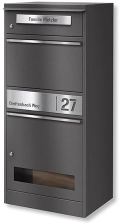 Metzler Briefkasten und Paketbox mit Sichtfenster rostfrei und massiv, paketbox draussen groß XXL, Standbriefkasten modern, Paketkasten, Postbox in DB 703 Eisenglimmer mit Namensgravur | Bispo 3