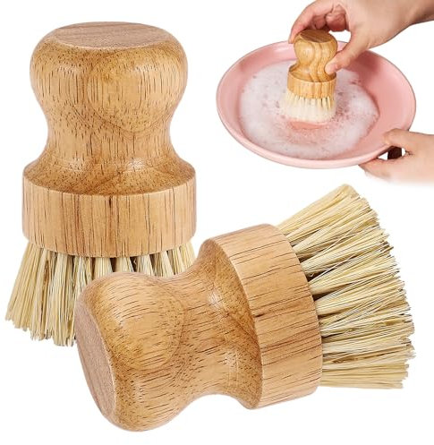 Lot de 2 brosses à vaisselle rondes en bambou naturel avec fibre Union et fibre Tampico pour nettoyer les pots, poêles et légumes (B, M)