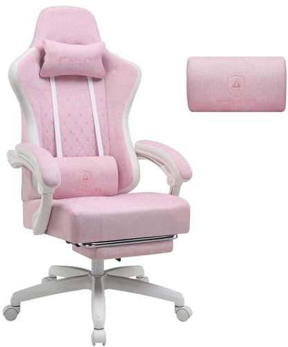 GTPLAYER Gamingstol tyg, gamingfåtölj med fickfjäderkudde, ergonomisk snurrstol, gamingstol med fotstöd 150 kg lastkapacitet, rosa-vit