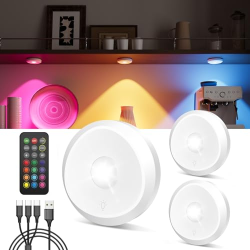 RGB Rechargeable Puck Lights with Remote, 2400mAh Battery Spot Lights Stick On Wireless Under Cabinet Kitchen Light Colour Changing Magnetic LED Touch Spotlights for Cupboard Display Shelf Wardrobe
