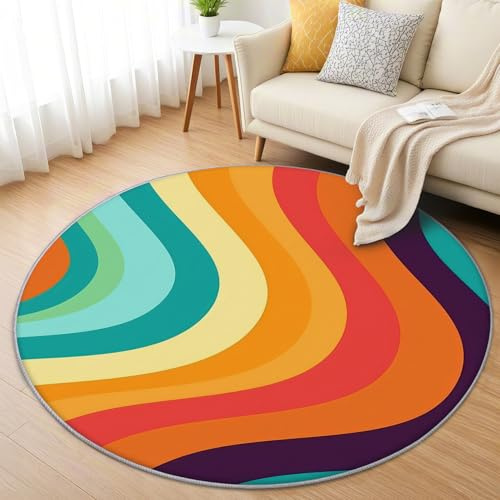 AevuCub 70er Jahre Teppich Rund 60 cm Kurzflor - Waschbare Teppiche Wohnzimmer Retro Vintage - Runder Teppich 60 cm Durchmesser Kinderzimmer - Bettvorleger Schlafzimmer rutschfest Weich