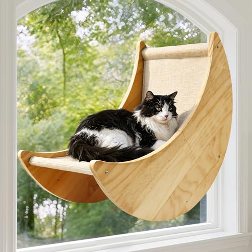 GreenPetopia Perchoir de fenêtre en bois pour chat, grand lit de fenêtre pour chat avec 4 ventouses améliorées, hamac de fenêtre en bois massif avec design en forme de lune, siège de fenêtre pour