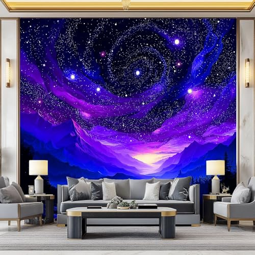 Azul Violeta Fondo de Pantalla PanoráMica 3d, Encantador Fantasía Montañas Bosque Fotomurales Mural 200 x 140 cm (An x Al) – Decoración de Pared Para Sala Cuarto Oficina y Salón