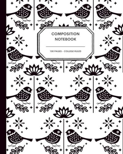 Scandinavian Bird Pattern Notebook – 8x10” – 100 College Ruled Pages – Black & White Nordic-Inspired Journal for Writing, School & Creative Notes