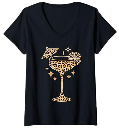 Femme Motif Léopard Verre À Cocktail Cocktails T-Shirt avec Col en V