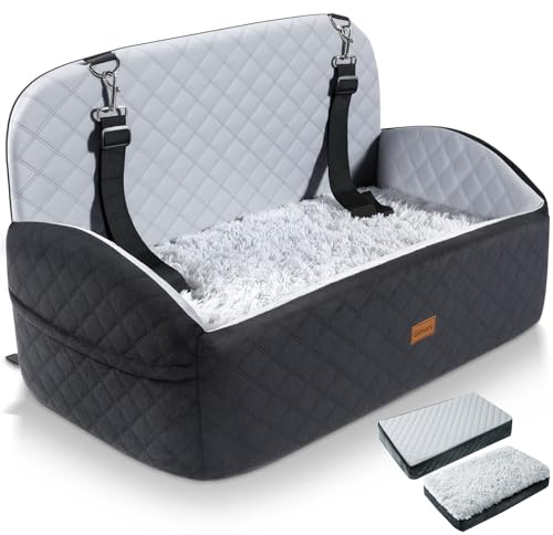 Gimars Vändbar Hund Bilstol Med Lång/Kort Plysch Sittdyna För Små/Medelstora Hundar Upp till 27kg, Avtagbar Tvättbar Halkfri Hund Booster Säte Med 13cm 28D-Egg-crate Skum, Säkerhetsbälte, L