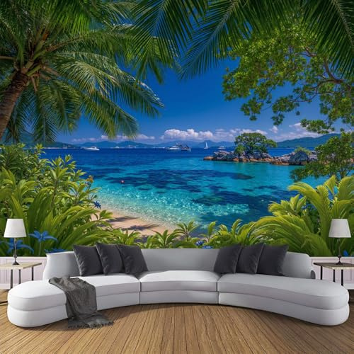 Papier Peint Muraux Feuilles De Palmier Eau De Mer Tropical Paradis, 450x315cm (L×H) Papier Peint Panoramique, Tableaux Muraux Lac Bleu Tapisserie Photo, Mural pour Salon, Chambre, Fond Décor TV
