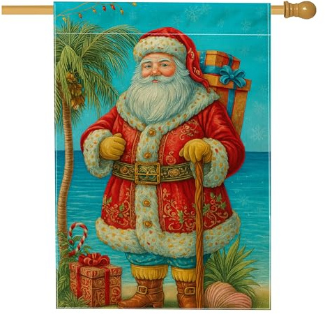 Drapeau de maison du Père Noël, palmier tropical de Noël, boîte cadeau, toile de jute rouge, double face, drapeaux décoratifs pour extérieur, terrasse, pelouse, entrée, camping 71,1 x 101,6 cm