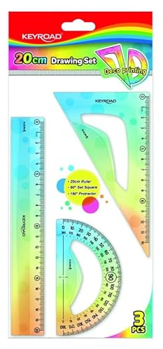KEYROAD Geometriset Pastel/linjal 20 cm, gradskiva 10 cm, geodisk triangel 14 cm/för studenter, studenter/för att rita och räkna/färger skickas slumpmässigt blandade