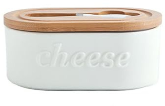 GLigeT Versatile Simple Ceramic Cheese Butter Dish Wooden Lid with Knife Box Food Crisper Tableware Practical(White)