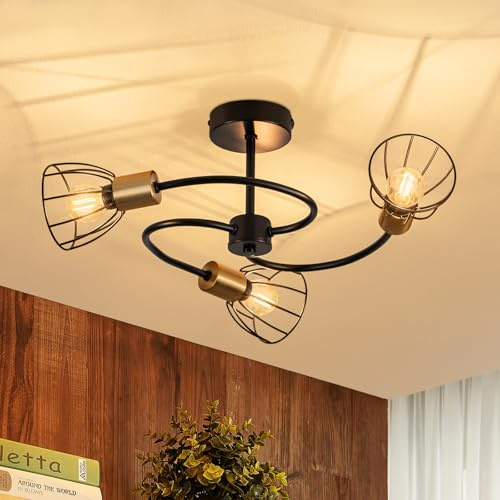 CBJKTX Deckenleuchte Schwarz E14 Deckenlampe Vintage Metall 3 Flammig | Wohnzimmerlampe Decke Industrial Schlafzimmerlampe für Küche Flur Schlafzimmer Esszimmer ohne Leuchtmittel