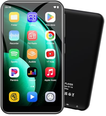 ZAQE 32GB MP3 Player mit Bluetooth und WiFi, Android 13 MP4 Player mit Spotify, Pandora, Audible, YouTube, Hi-Fi 4.02 Zoll Touchscreen Musik Player mit Play Store,Schwarz