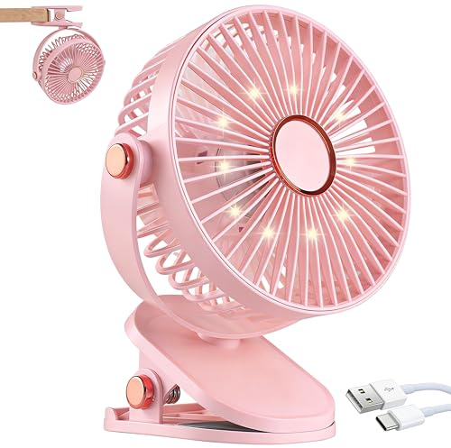 Portable Clip on Fan, 4000mAh 3 In 1 Mini Desktop Fan, Quiet Rechargeable Table Fan with LED Lights, 720° Rotation, 5 Speeds Ideal for Home Office, Bedroom, Desk Top, Stroller, Camping, Travel (Pink)