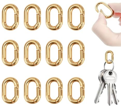 12 mosquetones ovalados de resorte, mosquetón dorado con plumas, 34 mm, mosquetón de metal, llavero para bolsos, bolsos, viajes, senderismo, manualidades