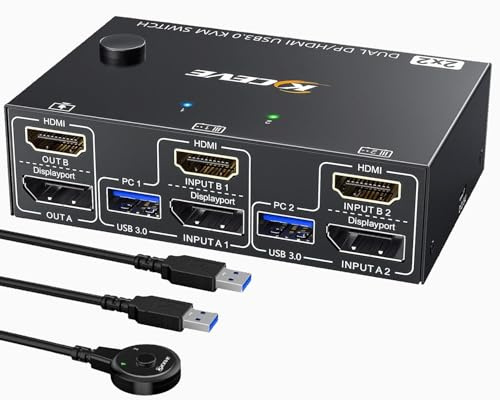 KVM Switch 2 Monitors 2 Computers Displayport HDMI 4K@60Hz, MLEEDA Dual Monitor KVM Switch with 4 USB 3.0 Ports for Keyboard Mouse Printer. Wired Remote and USB Cables Included