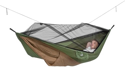 AMAZONAS Ultra-Light Hängematte Adventure Moskito Thermo 470g mit Moskitonetz und Isomattenfach Reisehängematte imprägniert mit Insektenschutzmittel 275x140cm bis 150kg in Grün-Braun
