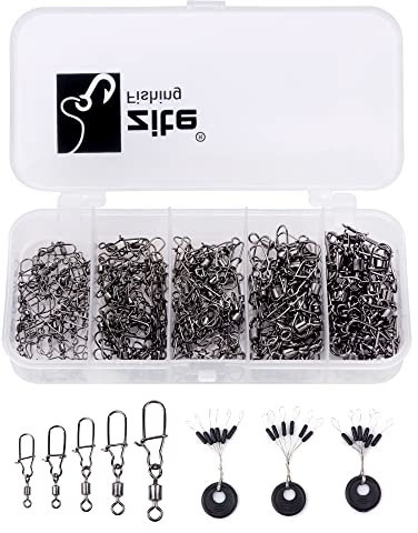 Zite Fishing Sicherheits-Wirbel-Set Angeln 150 STK - Karabiner Angelwirbel-Sortiment 5 Größen Box + Schnur-Stopper