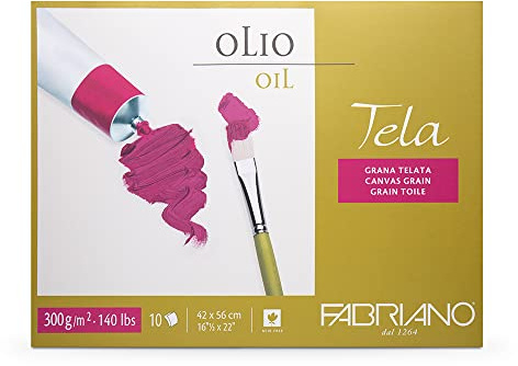 Fabriano 68004256 Tela - Carta per pittura a olio con struttura in lino, 300 g/m2, 42 x 56 cm, 10 fogli, 4 fogli incollati su 4 lati, priva di acidi e resistente all'invecchiamento, colore: Bianco