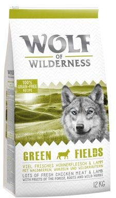 Wolf of Wilderness Adult “Green Fields” - Lamb, Premium Complete Dry Dog Food 100% Grain and Gluten Free Enriched with Fruits of the Forest, Wild Herbs and Roots 12 kg