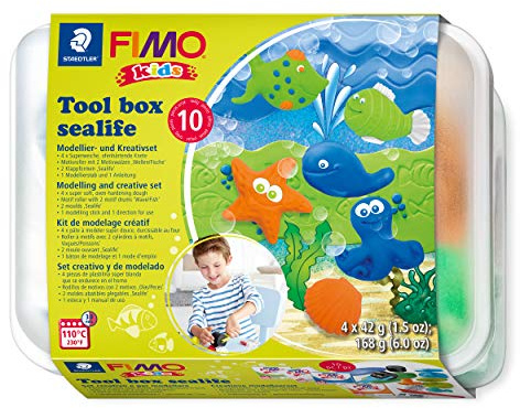 STAEDTLER FIMO kids tool box „sealife”, 10-teilige Werkzeugbox mit kindgerechten Werkzeugen und ofenhärtender Modelliermasse, 8039 01