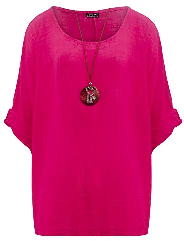 Love My Fashions® Women's Italian Lagenlook Tunic Top Oversized Blouse 3/4 Sleeve Round Neck Casual & Comfortable UK Fashion Fuchsia Pink