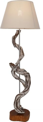 GURU SHOP Golvlampa/golvlampa, handgjord i Bali av naturmaterial, trä, bomull – modell Jameda, drivved, 100 x 32 x 32 cm, golvlampor