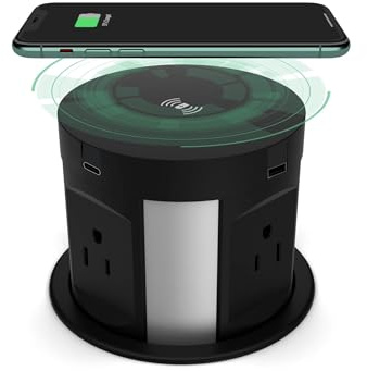 Automatic Pop Up Outlet for Countertop, Recessed Power Strip with 4 AC Outlets, 2 USB A, 2 USB C Pop Up Socket, Wireless Charger Station for Kitchen Conference Workbench, ETL Listed