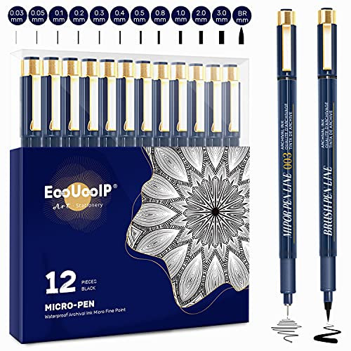 EooUooIP Fineliner Pens Assorted Nibs, 12 Pcs Black Micro Liner Pen(0.03mm-3mm), Technical Drawing Pens Illustration Pens, for Artist Sketching, Drawing, Architecture Drafting and Comic Design