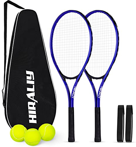 HIRALIY 27 Tennis Rackets Set of 2, 3 Tennis Balls, 2 Racquets, 2 Overgrip Tapes and 1 Carrying Bag Outdoor Recreational Sport Game (BLUE)