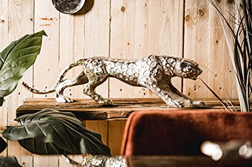 MichaelNoll Leopard Raubkatze Katze Figur Dekofigur Deko Aluminium Silber Skulptur Modern - Dekoration aus Metall - Für Wohnzimmer, Schlafzimmer, Büro - 40 cm, 48 cm oder 78 cm (48x10x14 cm (LxBxH))