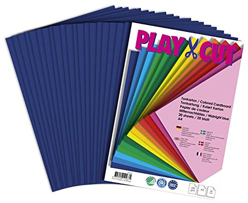 PLAY-CUT Tonkarton A4 Mitternachtsblau (220g/m2) | 20 Bogen Din A4 Bastelkarton Bunt | Dickes Bedruckbares Kartonpapier | Premium Druckerpapier Dicke Stärke | Karton zum Basteln