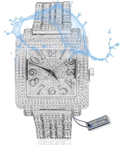 Halukakah Moissanit Diamant Golduhr für Herren,Luxus 18k Echtgold/Platin Weißgold Plattiert,Basic Wasserdicht,Artistik Ziffernblatt Extra Groß Quadratisch,Iced Out,24cm Armband,Geschenkbox Inklusive