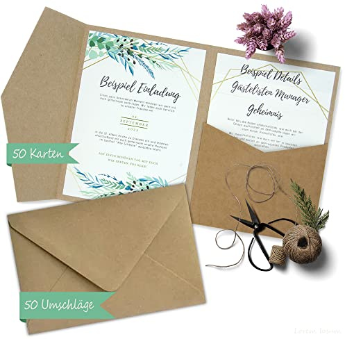 HAVDSTEYG Pocketfold Karten 50 Stück + Umschlag I 135 x 185 mm I 300 g/m² I Hochzeitseinladungskarten I Taufe I Dankeskarten I Kraftpapier Klappgrußkarten Invites Kraft