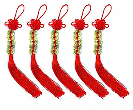 Bessy shop 5 Piezas Encantos de Monedas de Suerte Cinco Monedas Chinas Feng Shui Borla Colgando Moneda de la Fortuna con Nudo Chino Rojo I-Ching Suerte Cobre para Salud Éxito Riqueza