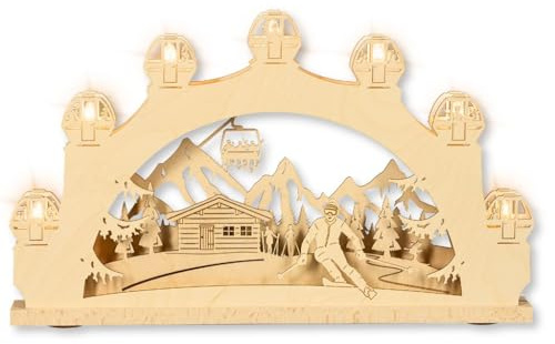 weigla - Schwibbogen original Erzgebirge I Lichterbogen Weihnachten I Motiv Wintersport I 7 Lampenkerzen + 1 Ersatzlampe I 7 x 34 V, 3 W, E10 I beleuchtete Weihnachtsdeko innen I Ganzjahresdeko