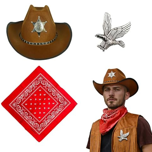 Vastsea Western cowboy kostym tillbehörsset, cowboy hatt bandana, flygande örn pin, hölster cowboy set för halloween party dress up (tredelat set)