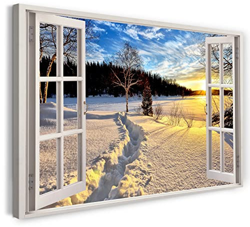 Bilder Fensterblick 120x80cm Baumwoll-Leinwand auf Keilrahmen mit Aufhänger moderner Kunstdruck XXL Wandbilder Wand-Dekoration Winter Landschaft Schnee Natur Wald Sonnenaufgang - Natur-Fotografie