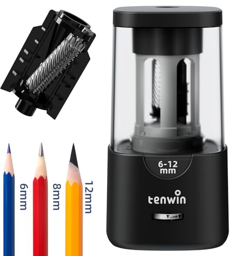 Tenwin Electric Pencil Sharpener - Auto Stop, Sharp & Fast, for 6-12mm Colored Pencils, Ideal for Home & Classroom (Black)