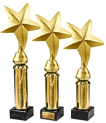 eberin · Goldener Stern · Goldene Sterne Pokale · Großer Stern auf Goldsäule/Marmor schwarz · Pokal in 3 Größen erhältlich · mit oder ohne Gravur ·
