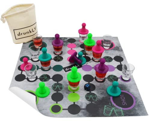 drunkLY Mensch betrink Dich Nicht - Trinkspiel und Partyspiel mit 12 Gläsern und Spielfiguren, Wasserdicht, Rollbar - Made in Germany - Paket S