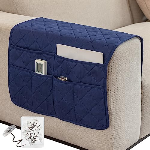 SHUOJIA Sofa Armlehne Organizer Mit 6 Taschen,No-Slip Couch Sessel Hängen Aufbewahrungstasche Zeitschriften Fernbedienung Halter Für Buch,Zeitschriften,Handy,Fernbedienung (Plaid-Dark Blue,50×90cm)