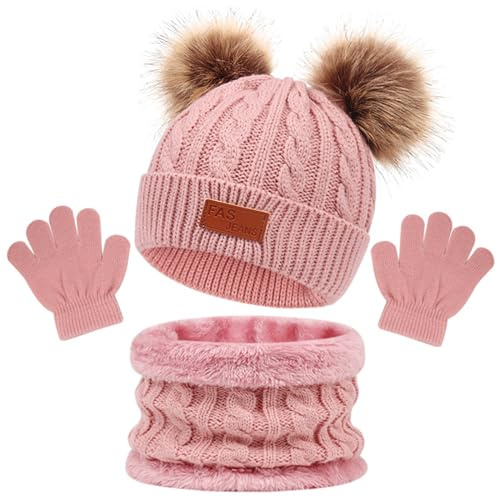 CHENKEE Kinder Wintermütze Schal Handschuhe Set, 3 Stück Winter Beanie Hut Schal Handschuhe Set Baby Mütze Beanie Mütze Mädchen Strickmütze für Kinder 3-8 Jahre