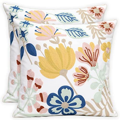 Pilmandu Lot de 2 housses de coussin décoratives carrées brodées - 45 x 45 cm - Pour canapé, chambre à coucher, canapé, décoration rustique (floral)