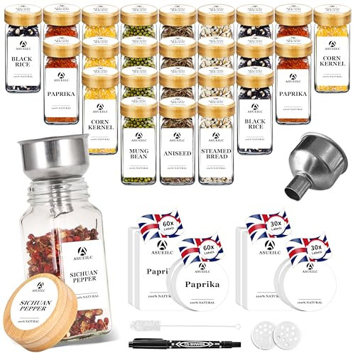 DSUID 24 Spice Jars with Bamboo Lids(Fresh Scent of Bamboo), 120ml Airtight Spice Containers Storage Set, 180 Labels, Seasoning Jars, Displaying and Storing Various Spices of Restaurant Chef