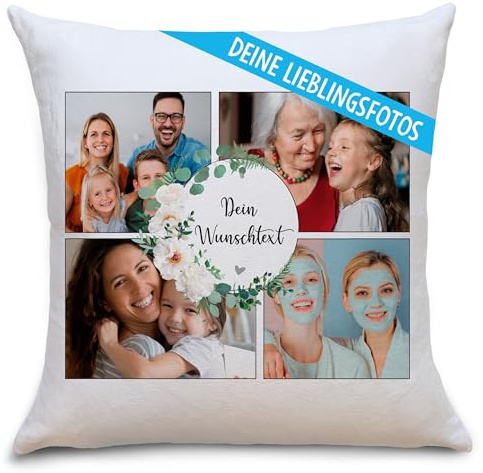 OWLBOOK® Personalisiertes Kissen mit Foto Bedrucken Lassen - Fotokissen mit 4 Fotos & Text selbst gestalten - Foto Kissen Polster 40 x 40 cm - Mama Geschenke zu Weihnachten - zzgl. Füllung