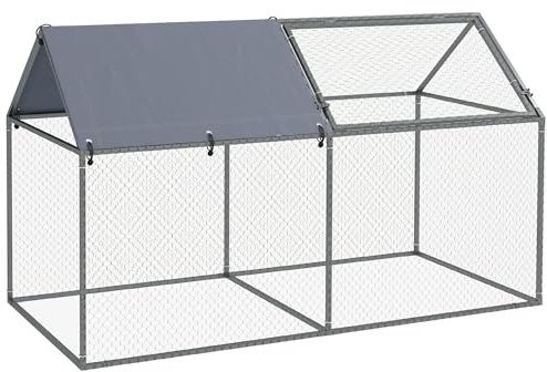 PawHut Gabbia per Animali con Tetto in Tessuto Oxford e Picchetti Inclusi, Gabbia in Acciaio con Porta Superiore d'Accesso, 198x100x120 cm, Verde e Argento